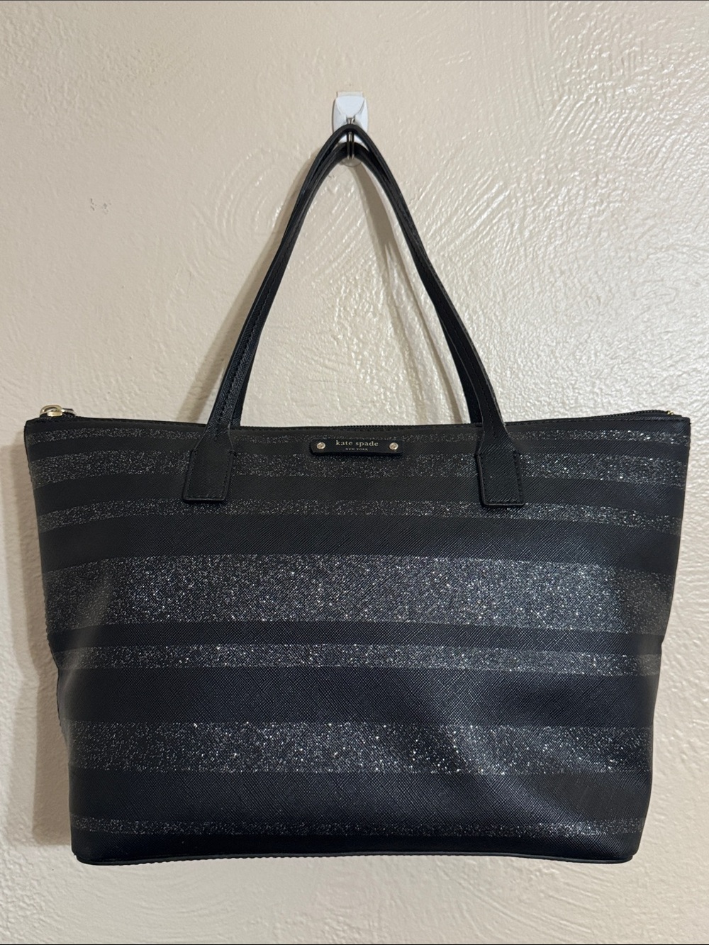kate spade Black Glitter Stripe Tote Bag